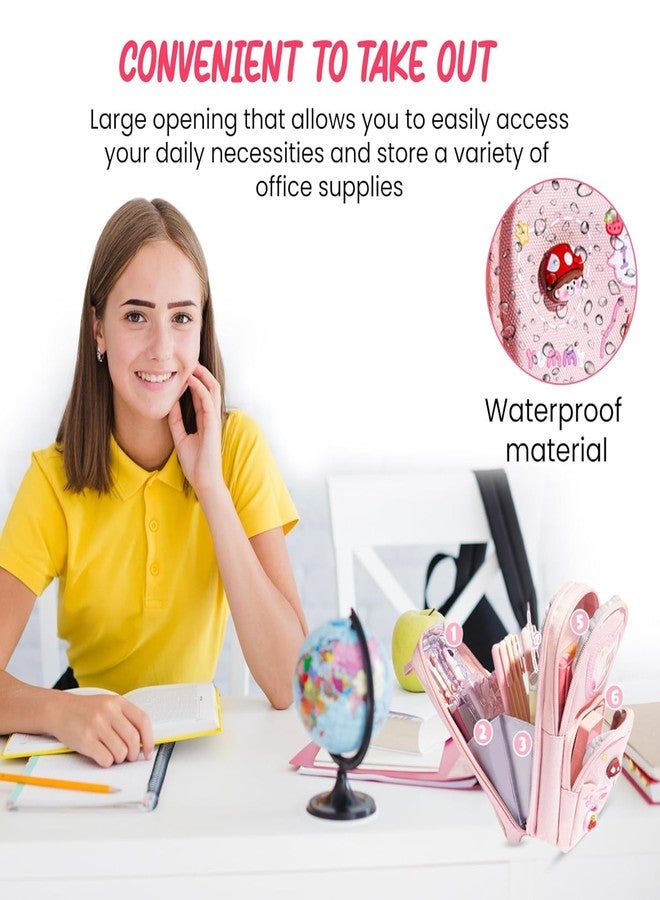 SKYWORK حقيبة مدرسية قماشية من سكاي وورك، حافظة أقلام، 3 طبقات و6 أقسام، سعة كبيرة، حقيبة أقلام أنيقة للأدوات المكتبية، أدوات مكتبية لطيفة للأطفال، حافظة أقلام للبنات والأولاد، هدية للأطفال (وردي) - Image 5